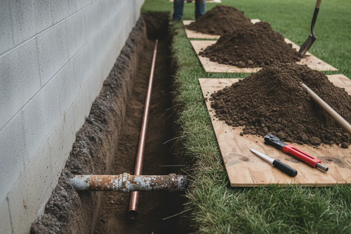 Excavated water line trench during Sewer Line Repair in Hamlet